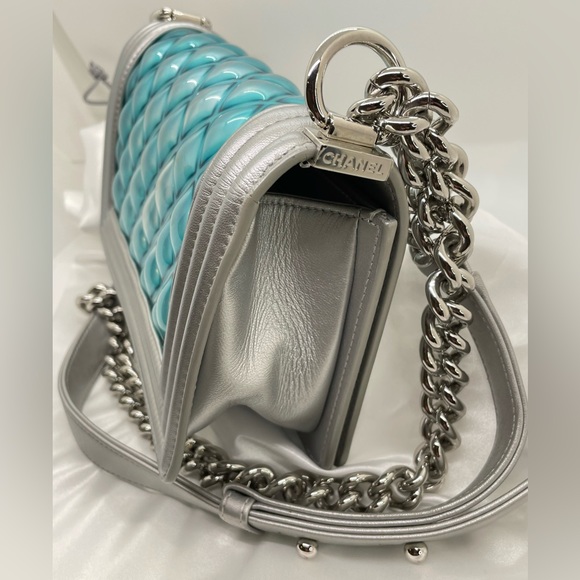 ***SOLD*** Chanel Boy Flap Bag Quilted Holographic PVC Small Blue & Silver - Picture 5 of 14